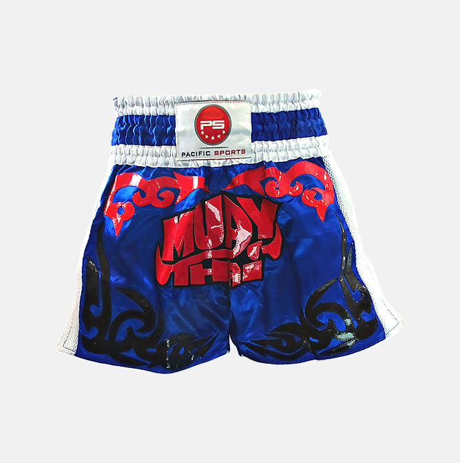 Polyester silk blue shorts featuring bold red "Muay Thai" lettering